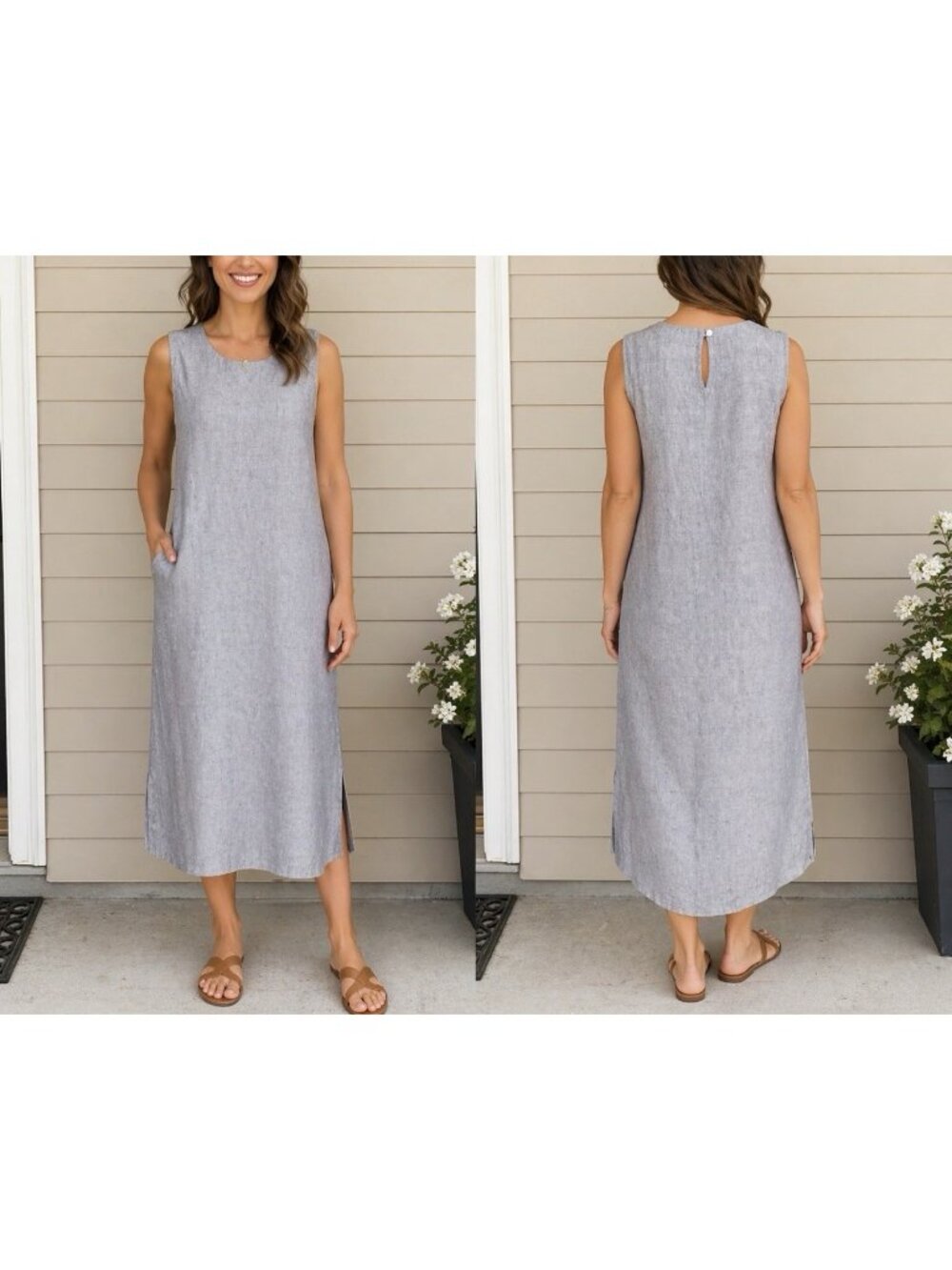 Vikolino Midi Dress L XL Euro Washed Linen Oversized  Blue Sleeveless Lagenlook